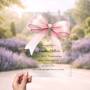 Invitations En Acrylique Fille au nœud rose clair Première Communion