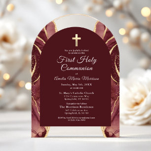 Invitations En Acrylique Fille de la Première Sainte Communion en Agate Or