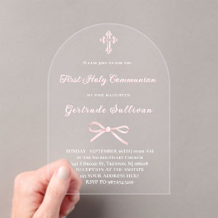 Invitations En Acrylique Fille de première communion avec un nœud rose