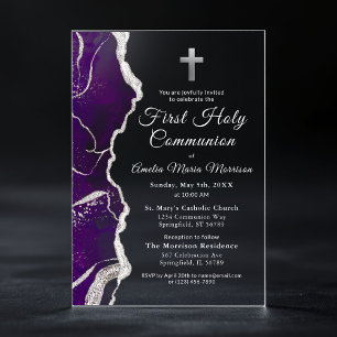 Invitations En Acrylique Fille de Première Sainte Communion en Agate Argent