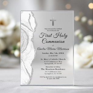 Invitations En Acrylique Fille de Première Sainte Communion en Agate Gris B