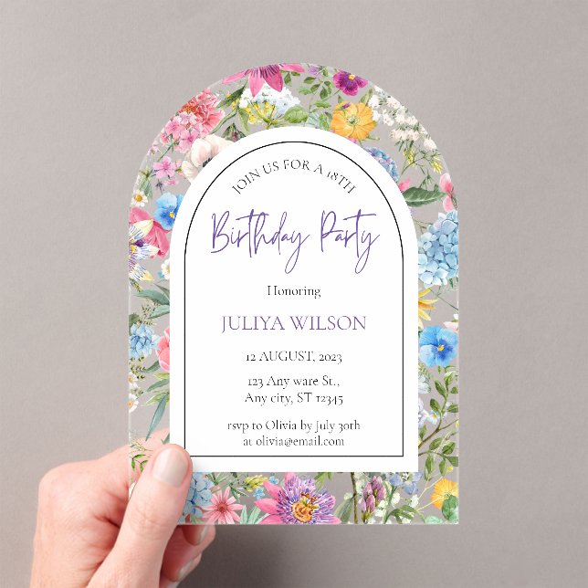 Invitations En Acrylique Fille florale fête d'anniversaire (In situ (ordinateur de poche))