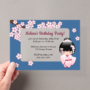 Invitations En Acrylique Fille Kokeshi Rose Fenêtre Transparente Anniversai