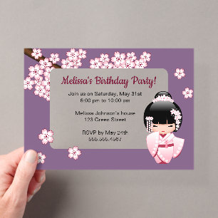 Invitations En Acrylique Fille Kokeshi Rose Fenêtre Transparente Violet