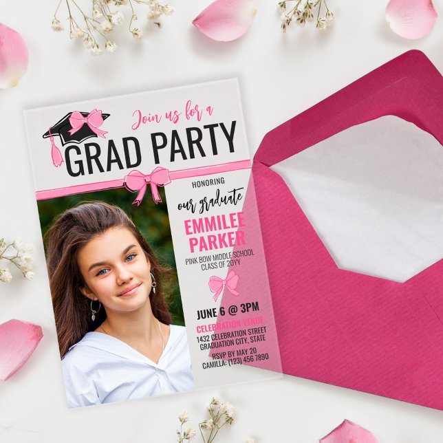 Invitations En Acrylique Fille mignonne Rose Bows Photo Graduation Celebrat (Créateur téléchargé)