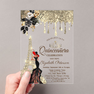 Invitations En Acrylique Fille Noir Rose Tour Eiffel Rouges en or
