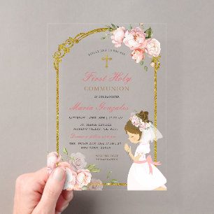 Invitations En Acrylique Fille priant Première Sainte Communion cheveux bou