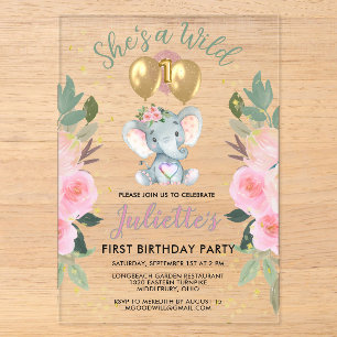 Invitations En Acrylique Fille rose sauvage Eléphant premier anniversaire