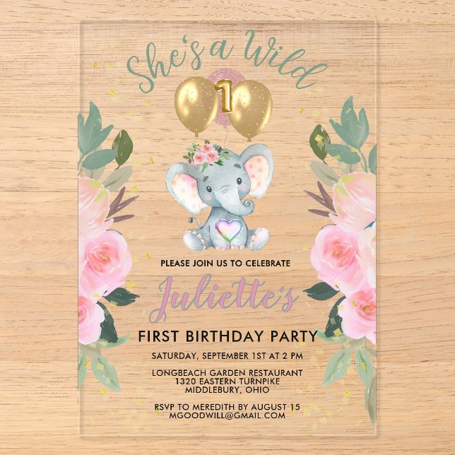 Invitations En Acrylique Fille rose sauvage Eléphant premier anniversaire (Recto)