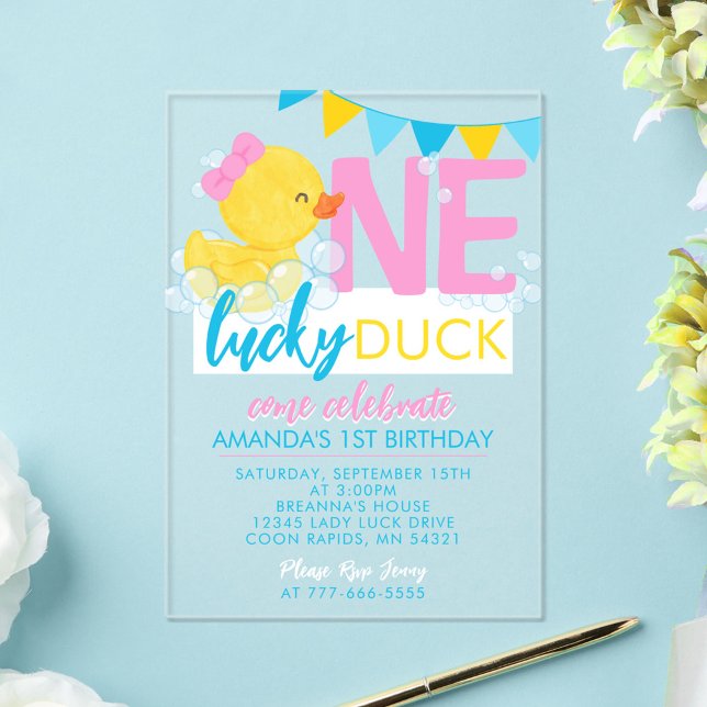 Invitations En Acrylique Fille un chanceux canard aquarelle 1er anniversair (Girl One Lucky Watercolor Rubber Duck Watercolor 1st Birthday Acrylic Invitations)