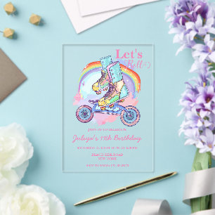 Invitations En Acrylique Filles Roller Patinage rose fête d'anniversaire