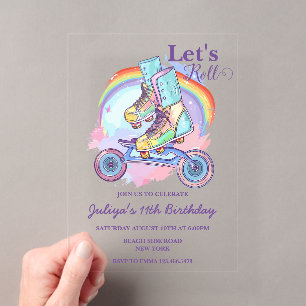 Invitations En Acrylique Filles Roller Patinage violet fête d'anniversaire