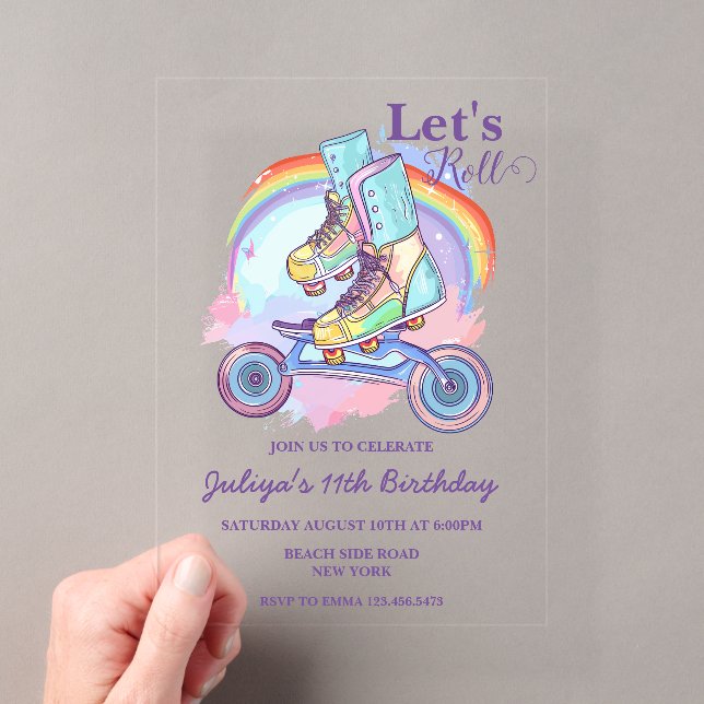 Invitations En Acrylique Filles Roller Patinage violet fête d'anniversaire (In situ (ordinateur de poche))