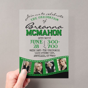 Invitations En Acrylique Filmstrip de graduation photo vert et noir givré