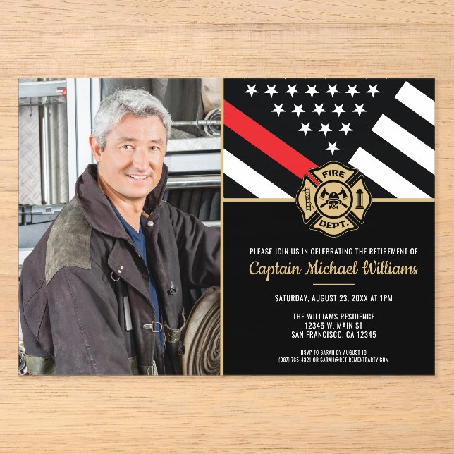 Invitations En Acrylique Fireman Photo Red Line Flag Firefighter Retirement (Recto)