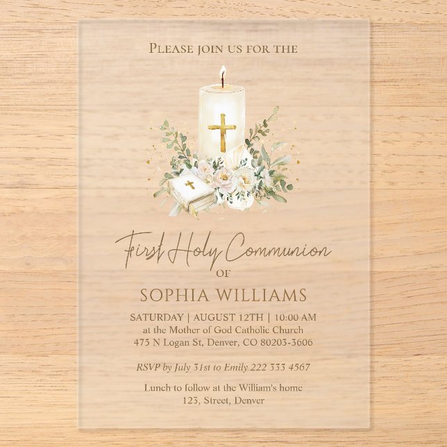 Invitations En Acrylique First Holy Communion Candle Bible Greenery (Recto)