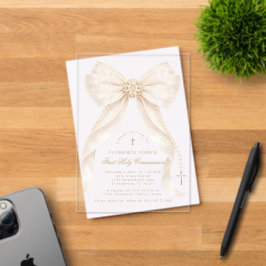 Invitations En Acrylique First Holy Communion Neutral Bow Pearls Gold