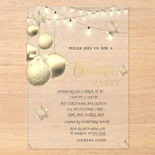 Invitations En Acrylique Flèches de neige en or, Boules, Lumières Bleu Noël