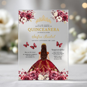Invitations En Acrylique Fleur de Bourgogne Papillon Princesse Quinceanera