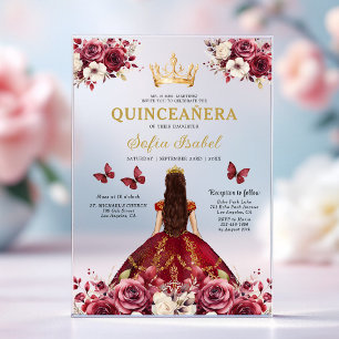 Invitations En Acrylique Fleur de Bourgogne Papillon Princesse Quinceanera