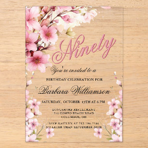 Invitations En Acrylique Fleur de Pink Élégance 90e Fête d'Anniversaire