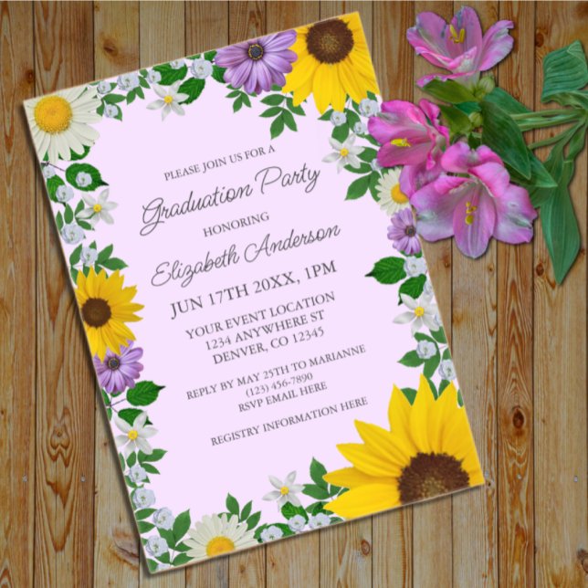 Invitations En Acrylique Fleur de soleil rustique Daisy Floral Graduation P (Créateur téléchargé)