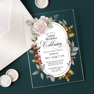 Invitations En Acrylique Fleur féminine Décembre 100e fête d'anniversaire