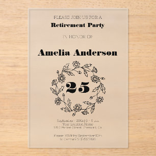 Invitations En Acrylique Fleur moderne de retraite noir