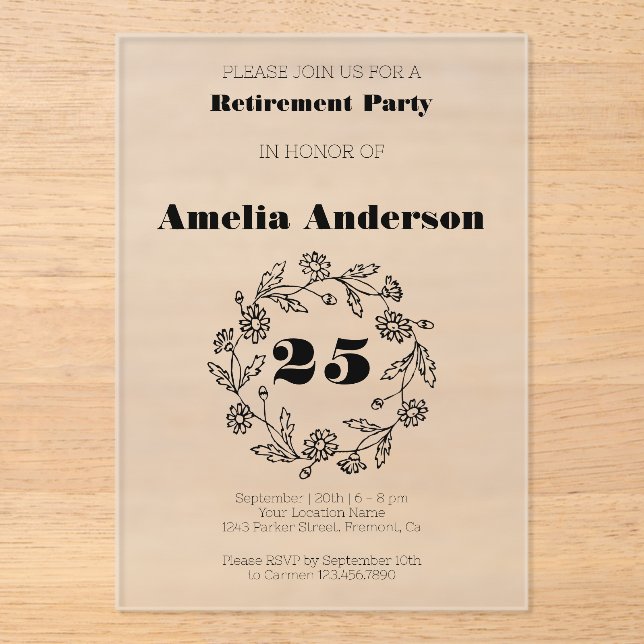 Invitations En Acrylique Fleur moderne de retraite noir (Recto)