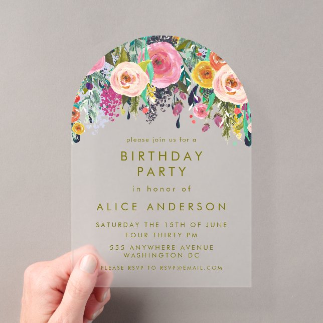 Invitations En Acrylique Fleur peint Elégant Anniversaire clair (In situ (ordinateur de poche))