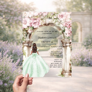 Invitations En Acrylique Fleur rose vert arche robe claire Sweet 16