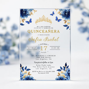Invitations En Acrylique Fleur Royal Papillon Bleu Princesse Quinceanera