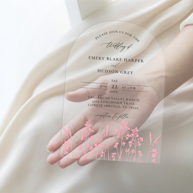 Invitations En Acrylique Fleur sauvage Chic rose moderne Arc Mariage clair (clear wedding invitation acrylic boho arch wildflowers sketch pink garden modern calligraphy)