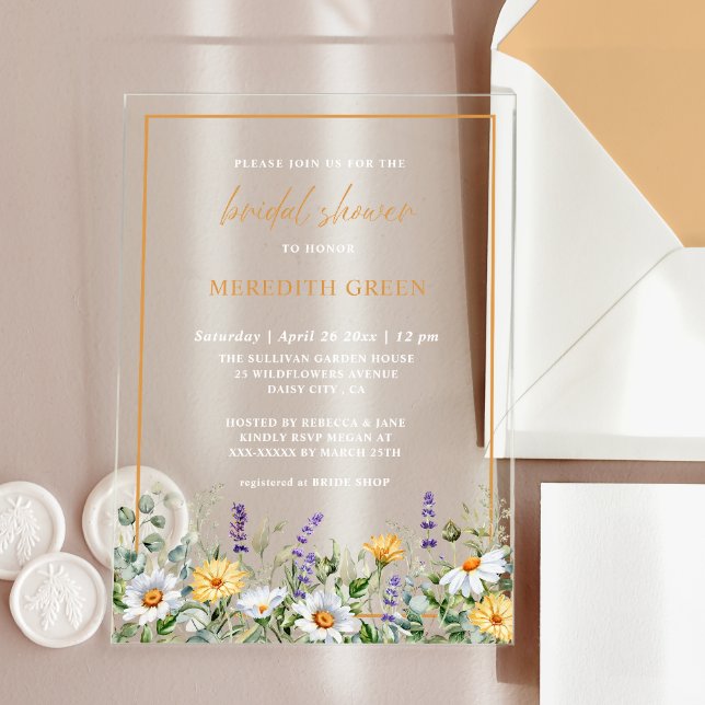 Invitations En Acrylique Fleur sauvage Daisy Lavender Fête des mariées bota (Créateur téléchargé)