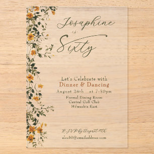 Invitations En Acrylique Fleur Sauvage Dorée Élégante Nommée Soixantième An