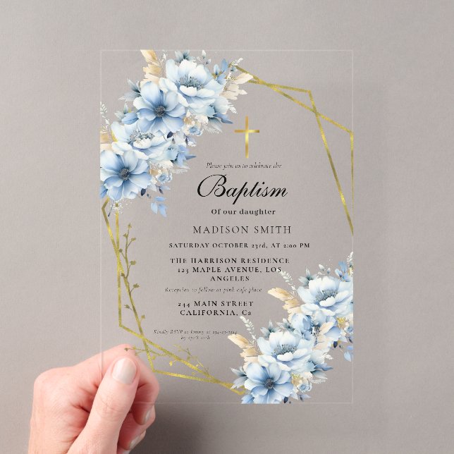 Invitations En Acrylique Fleur sauvage élégant Dusty Blue Garden Baptême (In situ (ordinateur de poche))