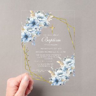 Invitations En Acrylique Fleur sauvage élégant Dusty Blue Garden Baptême