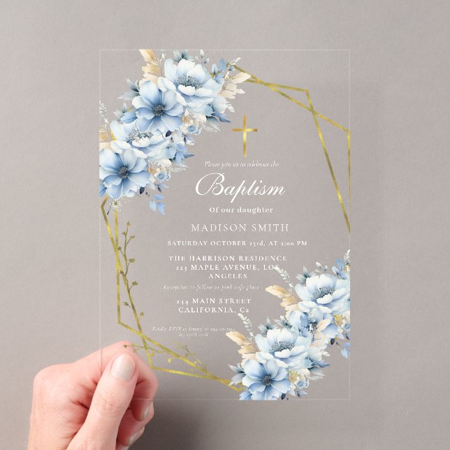 Invitations En Acrylique Fleur sauvage élégant Dusty Blue Garden Baptême (In situ (ordinateur de poche))