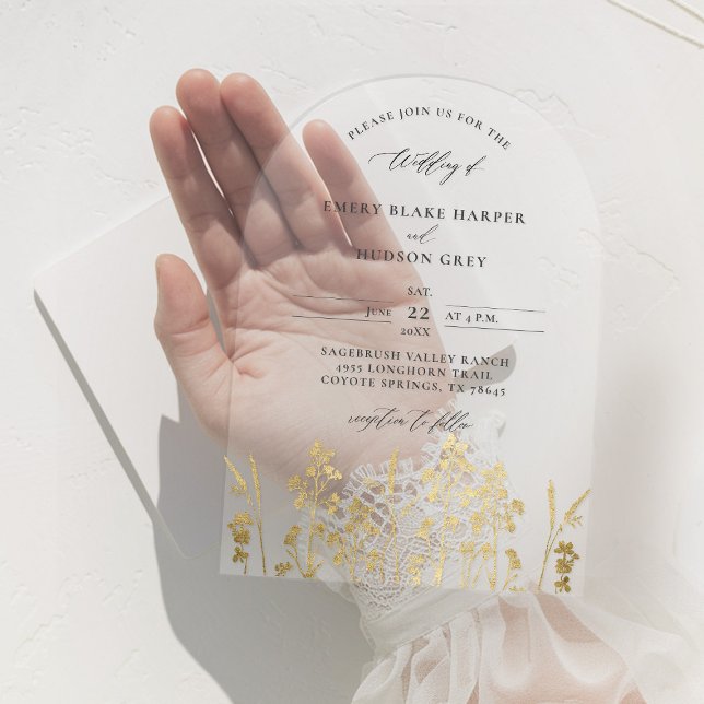 Invitations En Acrylique Fleur sauvage Faux Gold Patina Arch Mariage clair (clear wedding invitation acrylic boho arch wildflowers sketch gold patina garden modern calligraphy)