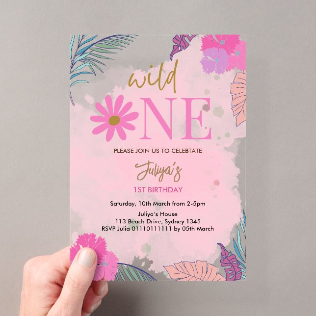 Invitations En Acrylique Fleur sauvage fille en feuille tropicale 1er anniv (In situ (ordinateur de poche))