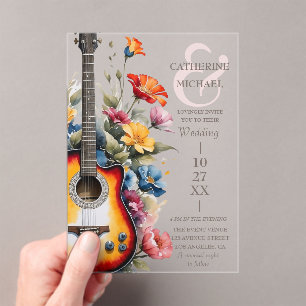 Invitations En Acrylique Fleur sauvage guitare Ampersand Mariage musical