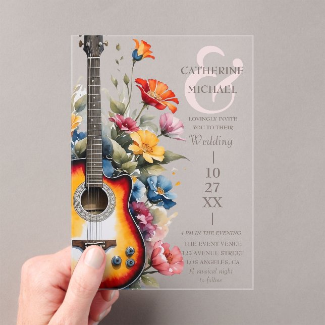 Invitations En Acrylique Fleur sauvage guitare Ampersand Mariage musical (In situ (ordinateur de poche))