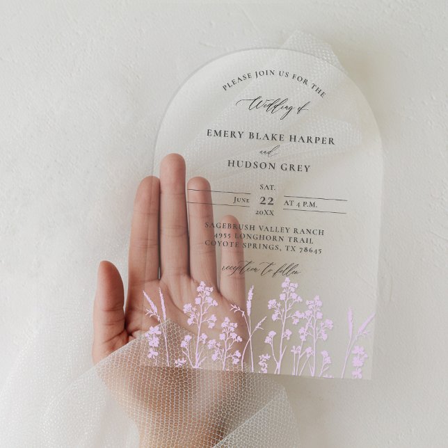Invitations En Acrylique Fleur sauvage Lavender Ink Arche moderne Clair Mar (clear wedding invitation acrylic boho arch wildflowers sketch lavender garden modern calligraphy)