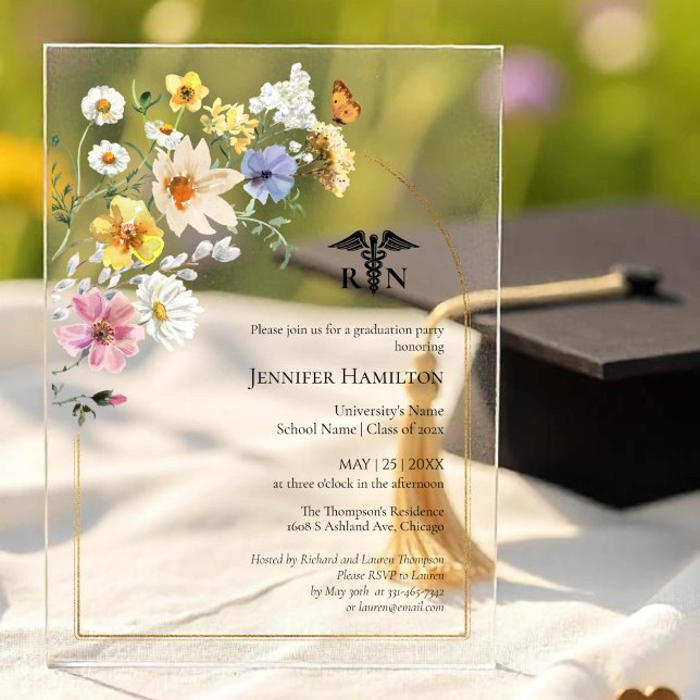 Invitations En Acrylique Fleur sauvage Médicale Nuring School Grad Party Ph (Créateur téléchargé)
