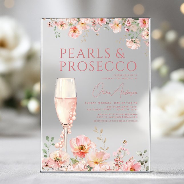 Invitations En Acrylique Fleur sauvage Pearls & Prosecco Fête des mariées B (Créateur téléchargé)