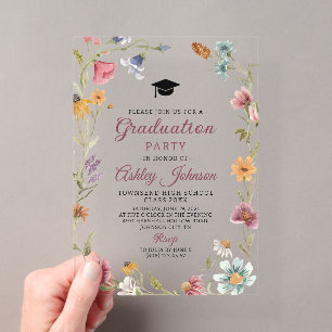 Invitations En Acrylique Fleur sauvage Red Botanical Floral Graduation