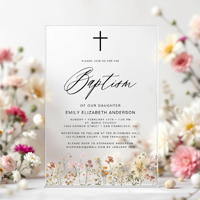 Invitations En Acrylique Fleur sauvage Script Baptême beige neutre (Créateur téléchargé)
