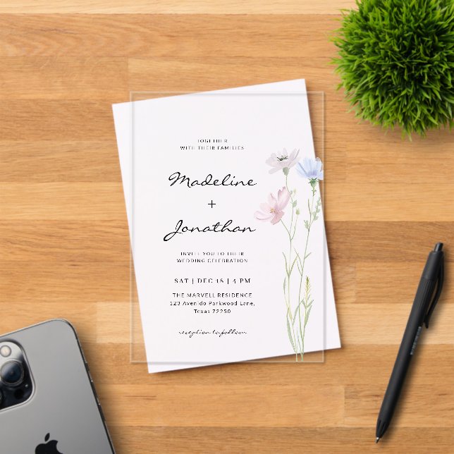 Invitations En Acrylique Fleur sauvage simple et chic Mariage beige (Insitu (Carte d'invitation))