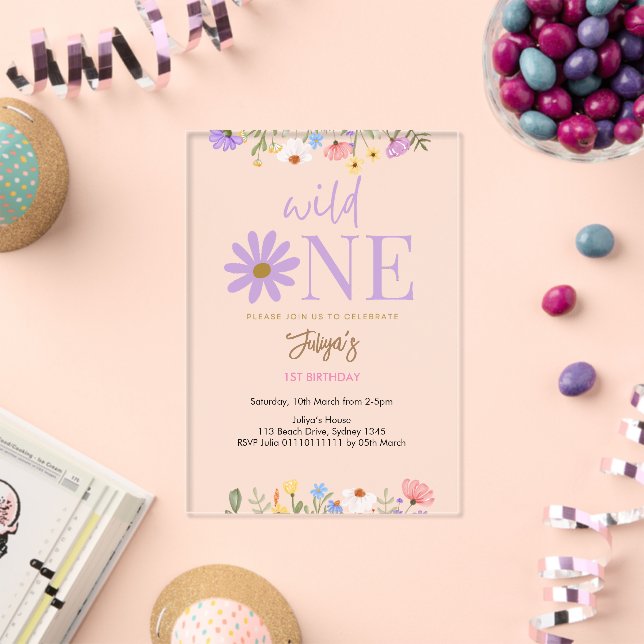 Invitations En Acrylique Fleur sauvage violet 1er anniversaire (Insitu (Célébration))