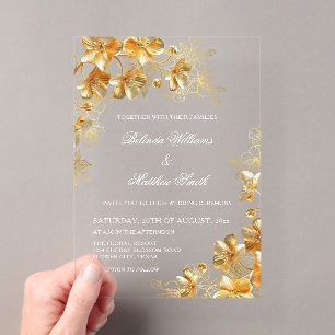 Invitations En Acrylique Fleurs 3D en or transparentes